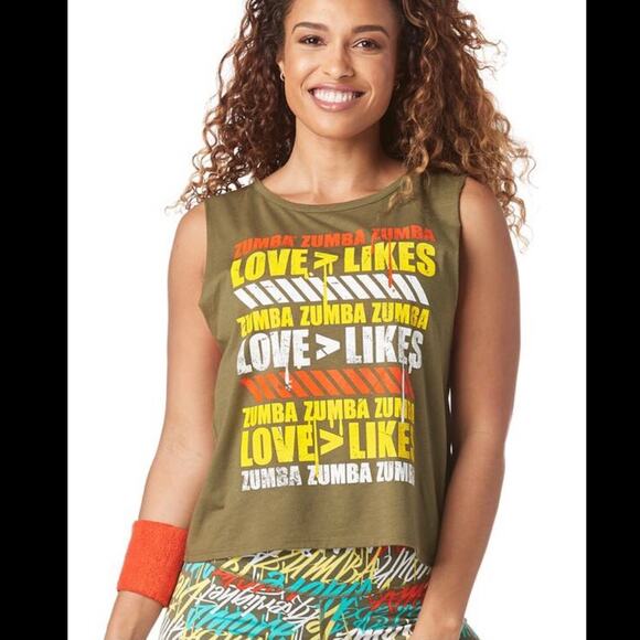 Zumba Dance Women's XL  'Love Over Likes' Open Back Workout Tank Top Green - Picture 1 of 9